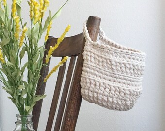 Hanging Storage Basket | Crochet Basket with Handle | Hanging Plant Holder | Farmhouse Style Home Decor | Dorm Decor | Easter Basket