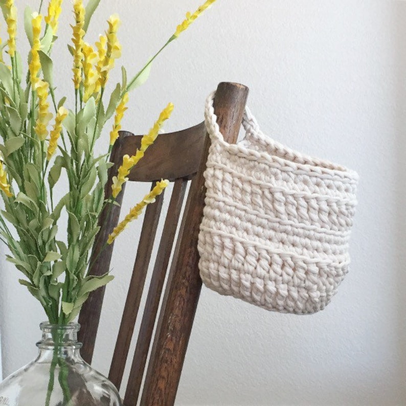 Hanging Storage Basket Crochet Basket with Handle Hanging Plant Holder Farmhouse Style Home Decor Dorm Decor Easter Basket image 1