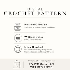 The image is a digital listing for a crochet pattern, providing options for viewing, printing, and downloading the pattern.