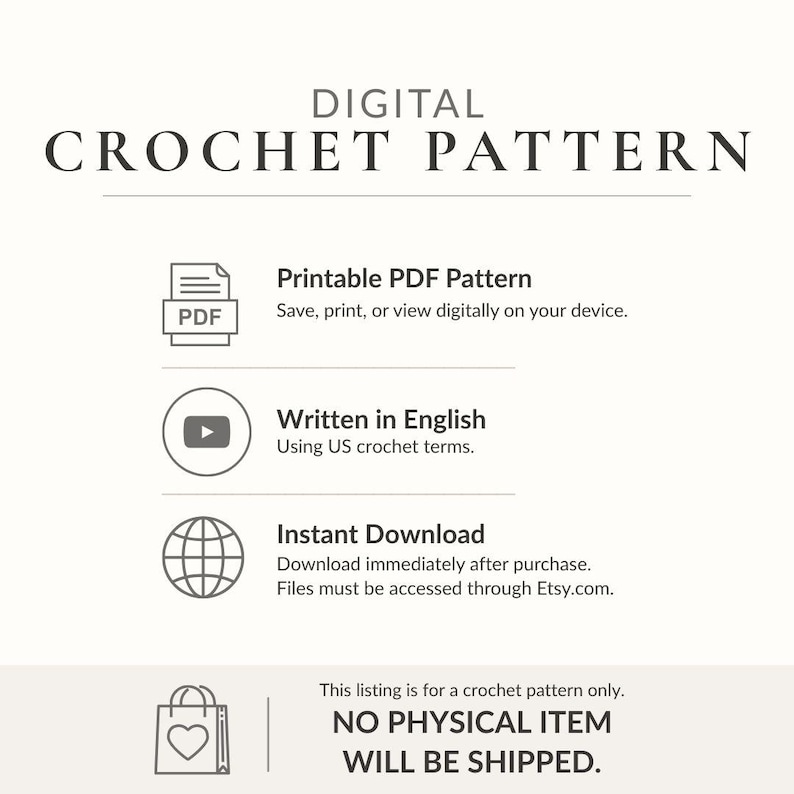 The image is a digital listing for a crochet pattern, providing options for viewing, printing, and downloading the pattern.