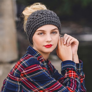 Crochet Hat Pattern - Messy Bun Beanie, Chunky Winter Hat, Pony Tail or Top Knot Style