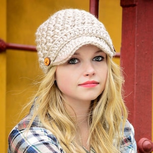 Crochet Hat Pattern - Chunky Cross Stitch Newsboy Beanie for Women and Children
