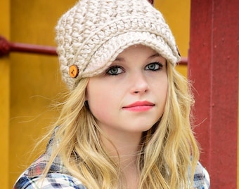 Crochet Hat Pattern - Chunky Cross Stitch Newsboy Beanie for Women and Children