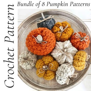 May include: A bundle of 8 crochet pumpkin patterns featuring various colors including orange, yellow, white, and dark gray. Each handmade pumpkin has a textured yarn surface and a small wooden stem tied with a thin piece of twine or ribbon.
