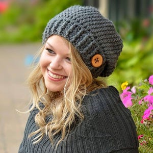 Crochet Slouchy Beanie Pattern – Easy Button Tab Hat for Women & Kids, Bulky Yarn Winter Hat PDF