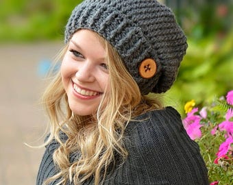 Crochet Slouchy Beanie Pattern – Easy Button Tab Hat for Women & Kids, Bulky Yarn Winter Hat PDF