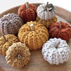 May include: A collection of eight handmade fabric pumpkins in various colors including rust, mustard yellow, grey, and white. Each pumpkin features a thick, braided knit texture and a small wooden stick stem. One white pumpkin includes a small tag.