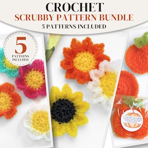 May include: A crochet scrubby pattern bundle featuring 5 patterns included. The image displays various flower-shaped and pumpkin-shaped scrubbies in bright colours like orange, yellow, pink, white, and black, with a pumpkin label on one item.