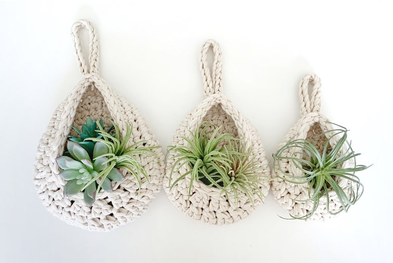 Small Indoor Plant Hanger for Succulents or Air Plant Boho Style Crochet Hanging Basket Available in Three Sizes or a Set of Three image 3