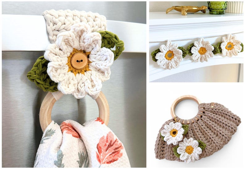 Crochet Daisy Flower Appliqué Pattern for Towel Holders - DIY Bag Charm, Spring Garland, Floral Crochet Pattern image 8