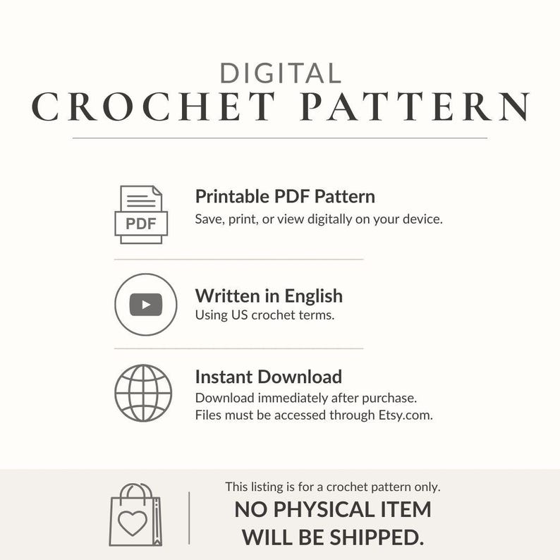 The image is a digital listing for a crochet pattern, providing options for viewing, printing, and downloading the pattern.