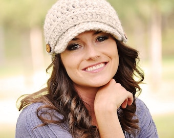 Crochet Hat Pattern - Women's Brimmed Newsboy Beanie, DIY Chunky Winter Cap