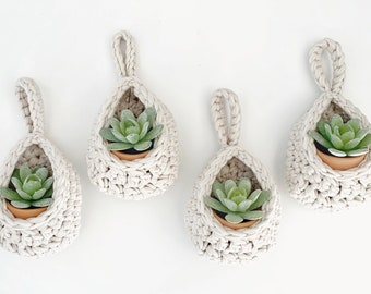 Small Indoor Plant Hanger for Succulents or Air Plant | Boho Style Crochet Hanging Basket | Available in Three Sizes or a Set of Three