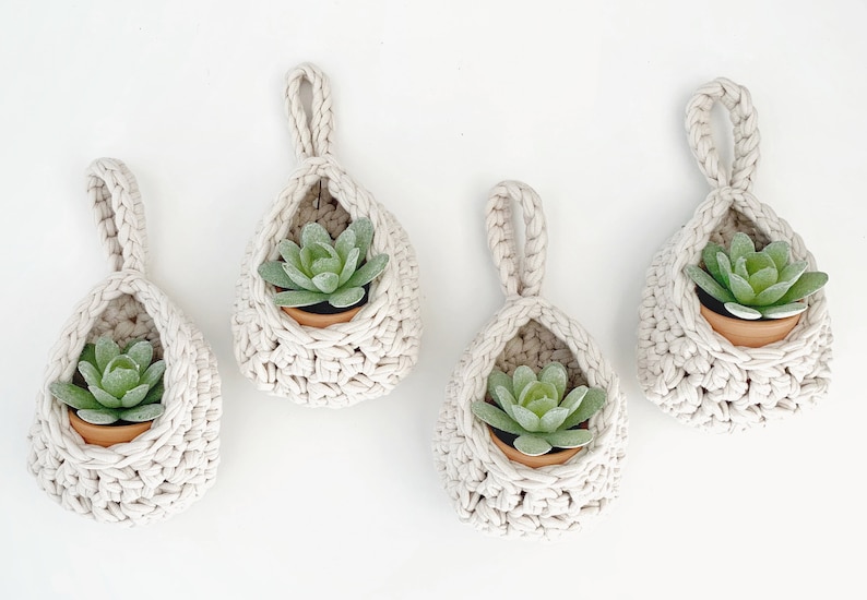 Small Indoor Plant Hanger for Succulents or Air Plant Boho Style Crochet Hanging Basket Available in Three Sizes or a Set of Three image 1