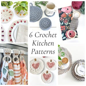 May include: A collection of 6 crochet kitchen patterns featuring various handmade items including circular placemats with red accents, blue coasters, a grey towel hanger with wooden rings, and heart-themed crochet pieces on a white background.