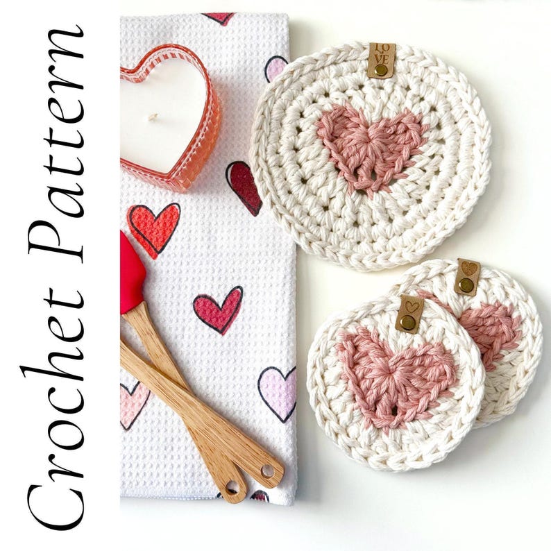 Patrón de ganchillo para hacer tú mismo / Patrón de posavasos y salvamanteles con forma de corazón a ganchillo / Patrón de ganchillo para la cocina / Patrón para el Día de San Valentín imagen 3