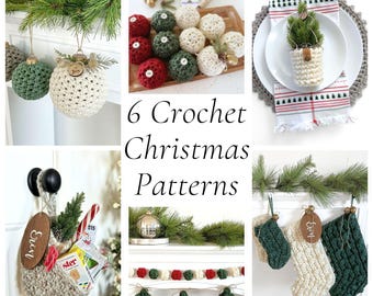 Häkelanleitungen-Bundle | Set von 6 Weihnachtshäkelanleitungen | DIY häkeln Weihnachtsschmuck, Strümpfe und Baumgirlanden Muster
