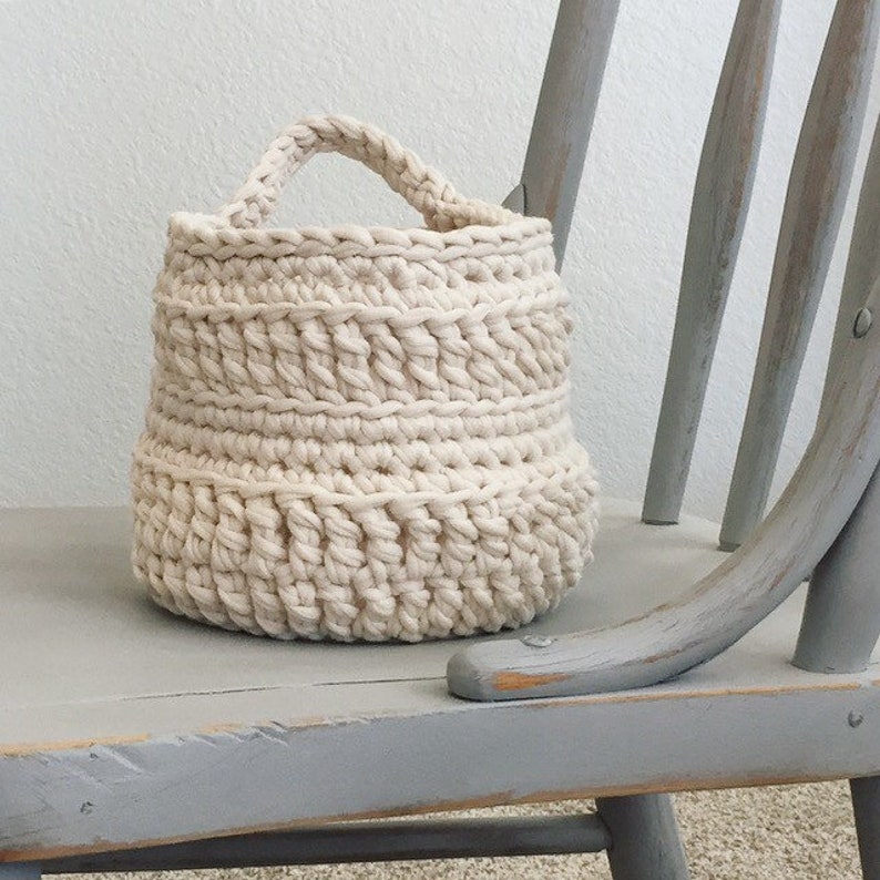 Hanging Storage Basket Crochet Basket with Handle Hanging Plant Holder Farmhouse Style Home Decor Dorm Decor Easter Basket image 2