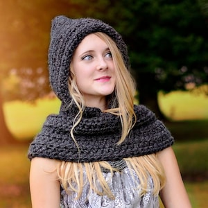 Crochet Hooded Cowl Pattern - Pixie Hat With Neck Warmer, Chunky Winter Hoodie