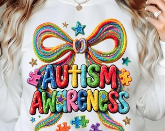 Autism Awareness PNG | Rainbow Bow Faux Embroidery Design (Digital Download)
