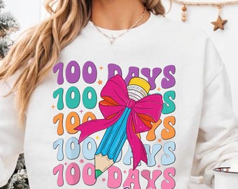 Retro 100 Days of School PNG, Pencil with Bow Design (Digital Download)
