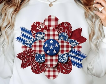 Patriotic Patchwork Flower PNG, 4th of July Floral Sublimation Design, Americana Quilt Flower Clipart, Faux Fabric Applique, Red White Blue