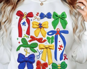 Autism Awareness PNG, Knitted Bows, Puzzle Piece Design (Digital Download)