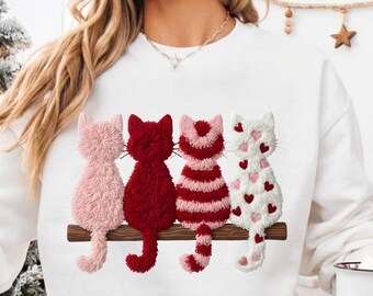 Valentine Cats PNG Faux Embroidery Sublimation Design | Cute Pink Kitty Shirt PNG | Romantic Feline Clipart | Digital Download | 3D Puff