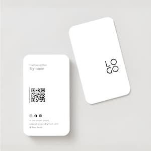 May include: Two white business cards with rounded corners. One card features a QR code, social media icons, contact information, and the text "Chief Creative Officer" and "My name". The other card displays a logo.