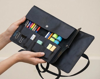 100% Genuine leather paint brush case, Leather roll up pencil case custom, Paint brush holder roll-up case, Paint brush roll with strap