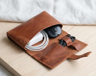 100% Genuine leather charger case, Leather cord organizer men,Digital gadgets case,Cable organizer bag,Leather cord roll,Travel charger case