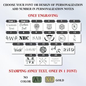 May include: Image showcasing font and design options for personalization. Includes various fonts, symbols, and text options, such as initials, badges, and custom text. The image also displays color options for stamping, including gold.