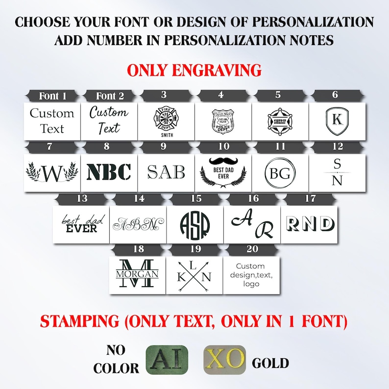 May include: Image showcasing font and design options for personalization. Includes various fonts, symbols, and text options, such as initials, badges, and custom text. The image also displays color options for stamping, including gold.