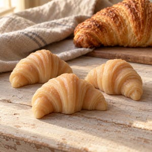 Könnte beinhalten: Drei kleine, glatte, hellbraune, croissantförmige Objekte mit glänzender Oberfläche, angeordnet auf einer verwitterten weißen Holzoberfläche, mit einem größeren, texturierten, goldbraunen gebackenen Croissant im Hintergrund bei einem Stoff.