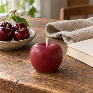 May include: A dark red apple-shaped wax candle with a single white wick centered at the top. The candle has a smooth, rounded surface and is positioned on a wooden surface next to a small bowl of fresh dark red cherries and a closed beige book.