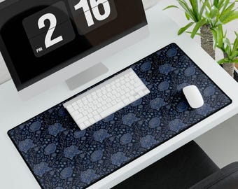 Blue Floral Pattern Desk Mat | Large Mouse Pad, Office Deskpad