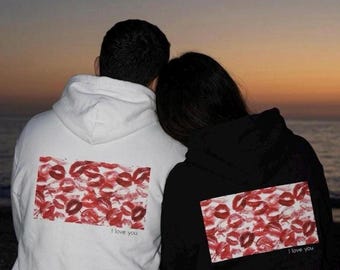 Red Lipstick Kiss Pattern Hoodie | Custom Couple Gift Hoodie