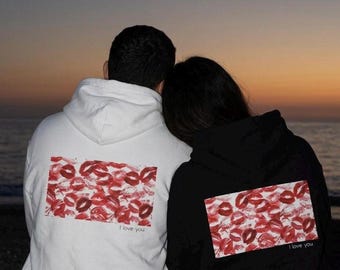 Sudadera con capucha con estampado de beso y pintalabios rojo / Sudadera con capucha personalizada para regalo de pareja