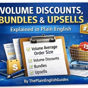 May include: A blue graphic with the text "VOLUME DISCOUNTS, BUNDLES & UPSELLS Explained in Plain English." A clipboard lists "Volume Average Order Size," "Volume Discounts," "Bundles," and "Upsells." A shopping cart shows a -15% discount.