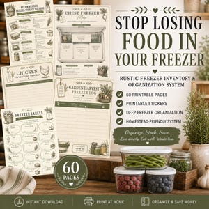 May include: A rustic freezer inventory and organization system with printable pages, stickers, and labels. The image shows a chest freezer map, chicken inventory tracker, and freezer labels. The text reads "Stop Losing Food in Your Freezer."