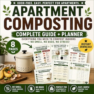 May include: An apartment composting guide and planner with the text "Apartment Composting Complete Guide + Planner". The image includes a composting bin, informational pages, and the text "No Smell, No Bugs, No Stress!"