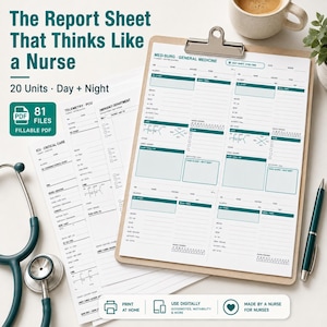 May include: A white paper report sheet for nurses on a wooden clipboard, featuring teal headers and sections for patient data, medical history, and daily tasks. The text includes Med-Surg, General Medicine, Telemetry, and ICU Critical Care labels.