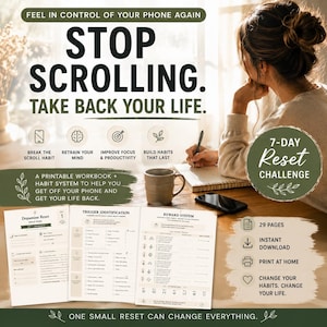 Può includere: Immagine di un quaderno stampabile con il testo "STOP SCROLLING. TAKE BACK YOUR LIFE." L'immagine mostra una persona che scrive, una tazza di caffè e uno smartphone. Il quaderno mira ad aiutare gli utenti a rompere le abitudini e migliorare la produttività.
