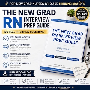 May include: A white book titled "The New Grad RN Interview Prep Guide" with blue text and the words "100 Real Interview Questions." The guide is for new graduate nurses. A small succulent plant is visible in the background.