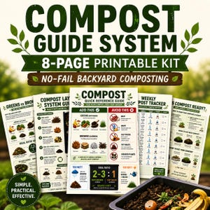 May include: A printable compost guide system with an 8-page kit for backyard composting. The guide includes information on greens vs browns, compost layering, a quick reference guide, a weekly post tracker, and how to know when compost is ready. The text includes "Simple, Practical, Effective."