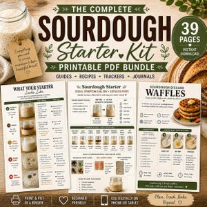 May include: A printable sourdough starter kit with 39 pages, including guides, recipes, and trackers. The kit features visual guides on starter appearance, common issues, and discard recipes. Includes a jar of starter and a tag that says "Everything you need to create, maintain & bake beautiful bread!"