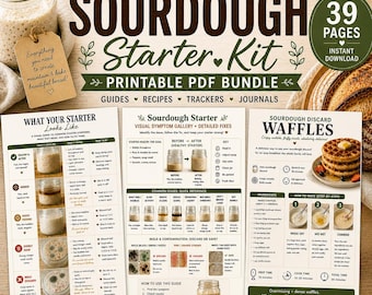 Puede incluir: Un kit de inicio de masa madre imprimible con 39 páginas, que incluye guías, recetas y rastreadores. El kit presenta guías visuales sobre la apariencia del iniciador, problemas comunes y recetas de descarte. Incluye un tarro de iniciador y una etiqueta.