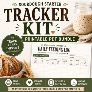 Op de afbeelding: Een afdrukbare PDF-zuurdesemstarter-trackerset met een dagelijks voedingslogboek. De afbeelding bevat een potje starter, een brood en tekst met de tekst "Volg, leer, verbeter met vertrouwen!" en "Alles wat je nodig hebt om je starter te volgen, te leren en te laten groeien!"