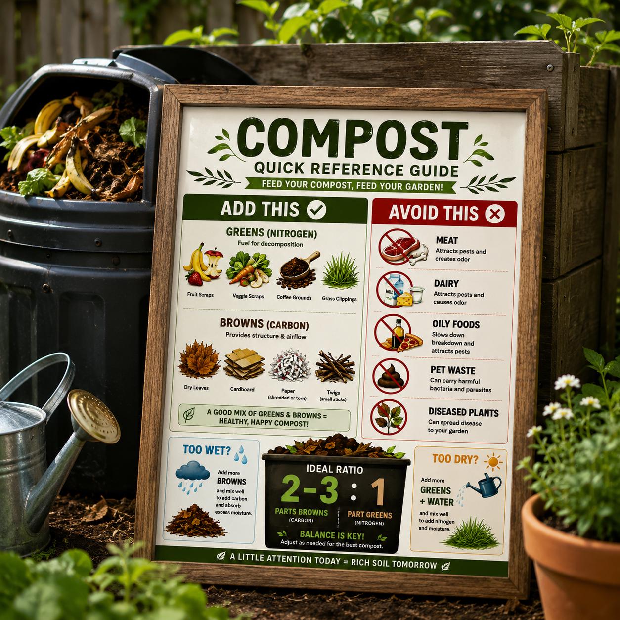 Beginner Composting Guide System | Backyard Bin Chart, Greens Vs Browns ...