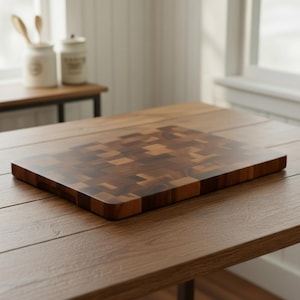 Puede incluir: Una tabla de cortar rectangular de madera con un patrón de mosaico hecho de varias tonalidades de madera marrón. La tabla está colocada sobre una mesa de madera. La tabla mide aproximadamente 40 cm de largo y 30 cm de ancho.
